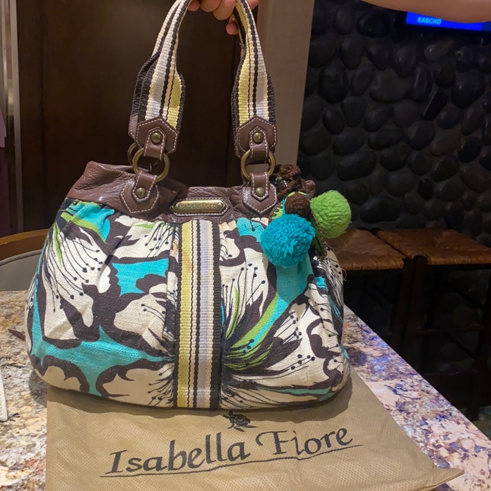 Isabella Fiore Turquoise, Brown & Cream Floral Shoulder Tote with Pom Pom Accent